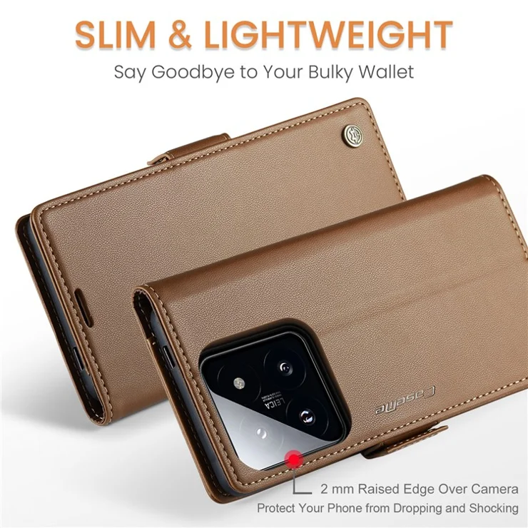 For Xiaomi 14 Pro Leather Case CASEME 023 RFID Blocking 3 Card Slot Mobile Cover - Brown