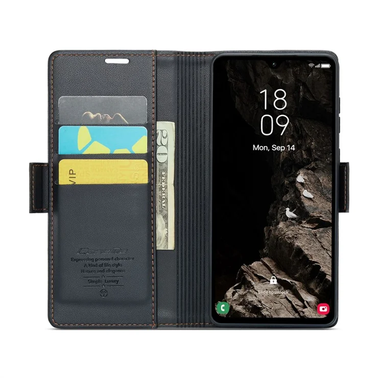 For Samsung Galaxy A05s 4G Leather Case CASEME 023 RFID Blocking 3 Card Slot Mobile Cover - Black