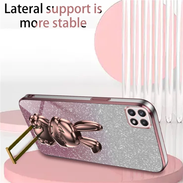 For Samsung Galaxy A22 5G (EU Version) Case Cute Rabbit Anti-shock Pull-out Kickstand Phone Cover - Pink
