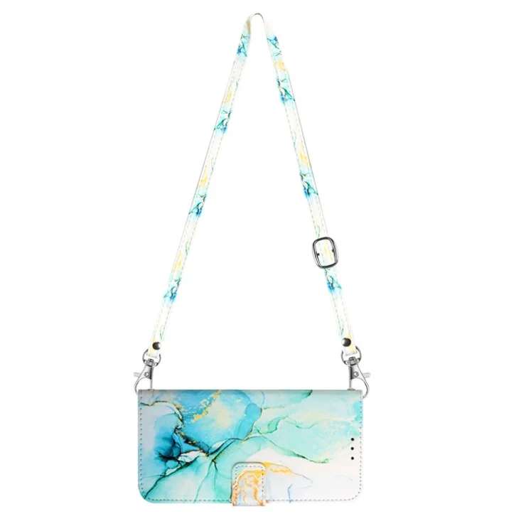 For Samsung Galaxy S24 Leather Case with Shoulder Strap Marble Pattern Phone Stand Cover - Green LS003