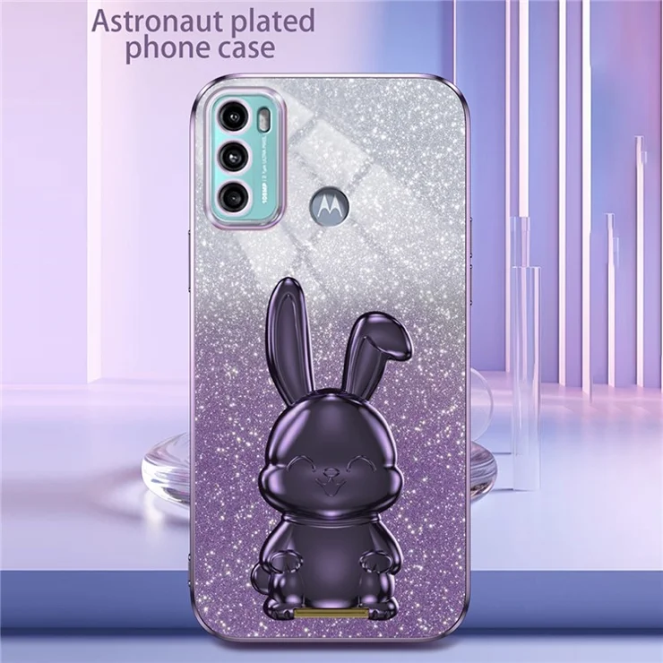 For Motorola Moto G60 Case Glitter PC+TPU Cartoon Rabbit Kickstand Back Shell - Purple