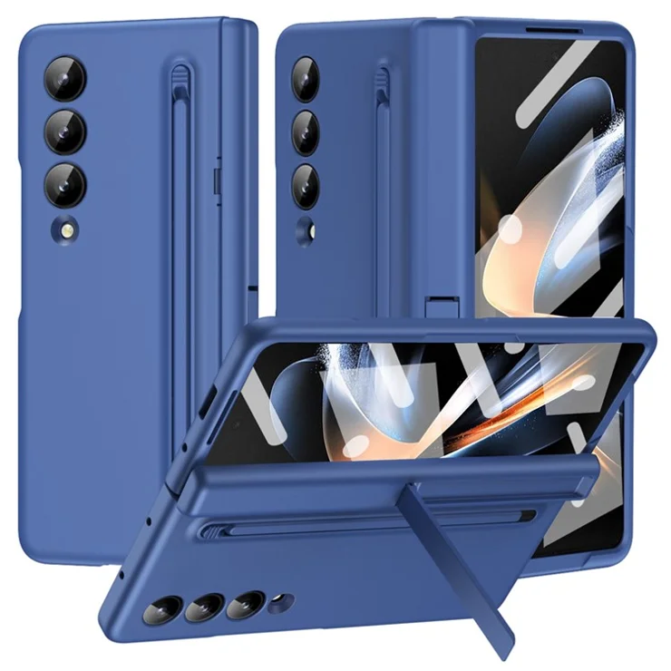 For Samsung Galaxy Z Fold3 5G Case Hard PC+Glass Film Kickstand Phone Cover with Stylus - Sapphire