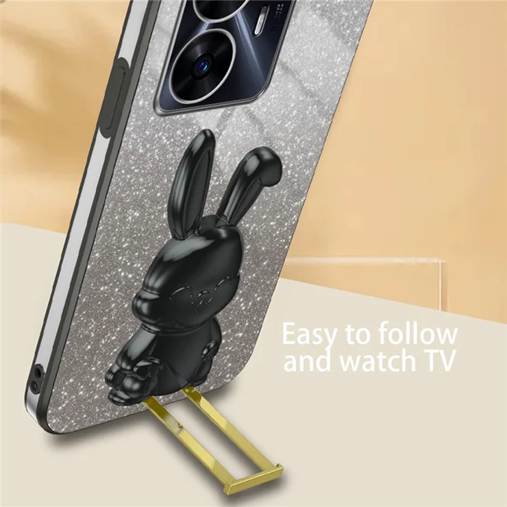 Phone Cover for Realme C55 Cartoon Rabbit Electroplating PC+TPU Case with Kickstand - Black