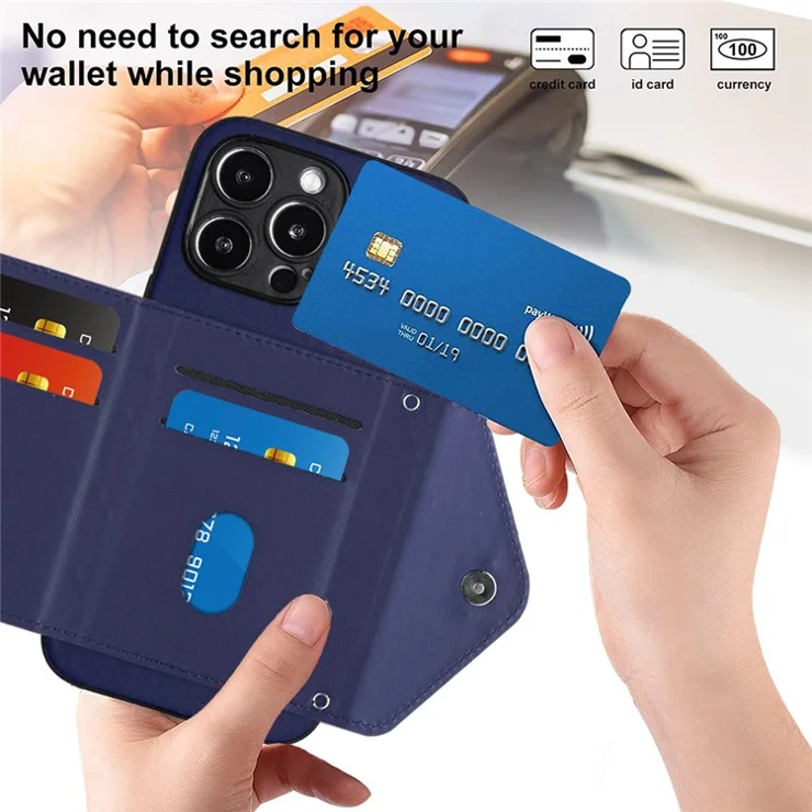 YB Leather Coating Series-8 For iPhone 15 Pro Phone Case Anti-drop Cover with RFID Blocking Card Holder - Sapphire