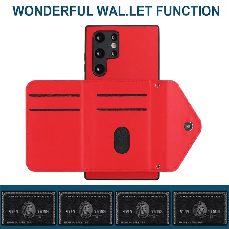 YB Leather Coating Series-8 For Samsung Galaxy S22 Ultra 5G Case Card Bag Kickstand Phone Cover - Red