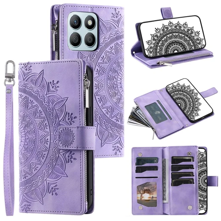 For Honor X8b 4G Case PU Leather Mandala Pattern Imprinted Design Phone Cover - Purple