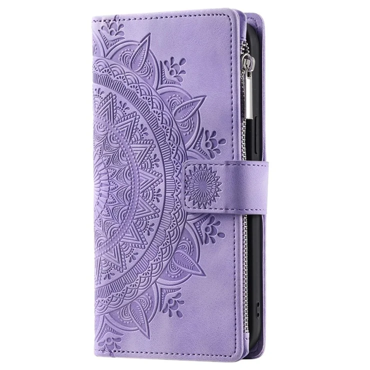 For Motorola Moto E14 4G / G04 4G / G04s 4G / G24 4G Case Flip Wallet PU Leather Mandala Pattern Zipper Cover - Purple