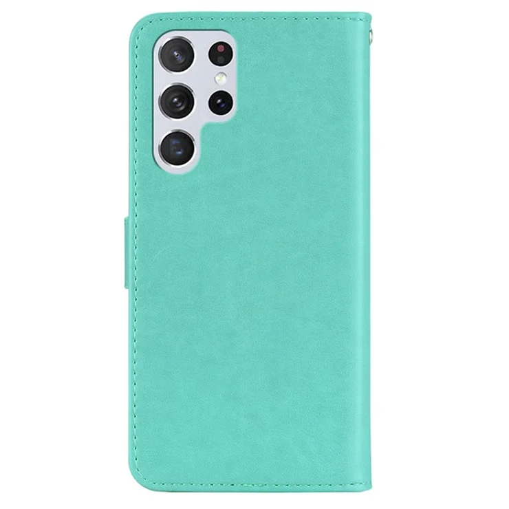 For Samsung Galaxy S24 Ultra Wallet Case Owl Flower Imprinted Rhinestone Leather Cover - Cyan