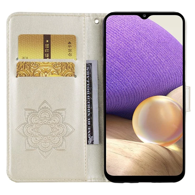 For Samsung Galaxy S24 Walelt Leather Case Flower Owl Imprinted Phone Cover - Gold