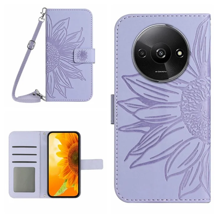 HT04 For Xiaomi Redmi A3 / Poco C61 4G Leather Case Crossbody Wallet Phone Cover - Light Purple