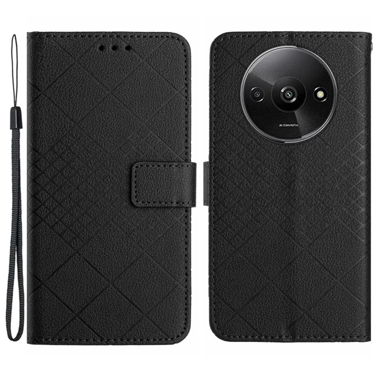 HT06 For Xiaomi Redmi A3 4G / Poco C61 4G Case Rhombus Pattern PU Leather Folio Phone Cover - Black