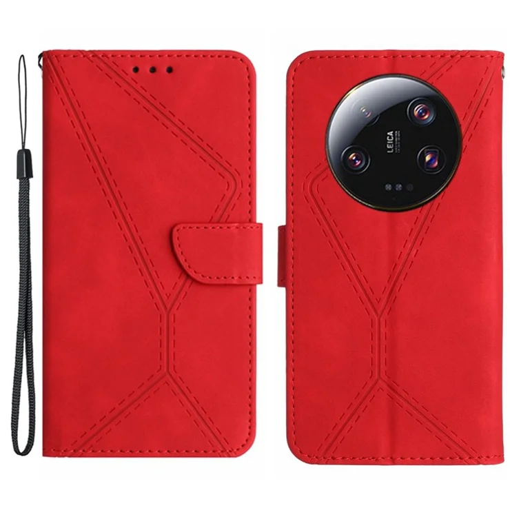 HT05 For Xiaomi 14 Ultra Wallet Case PU Leather Skin-touch Lines Imprinted Phone Cover - Red