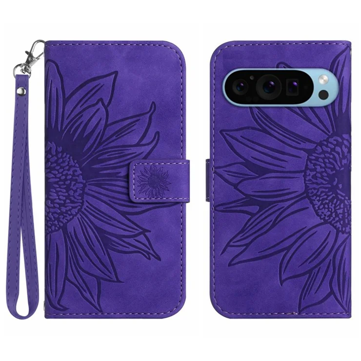 HT04 For Google Pixel 9 / Pixel 9 Pro Case Sunflower Leather Phone Cover with Wallet Stand - Dark Purple
