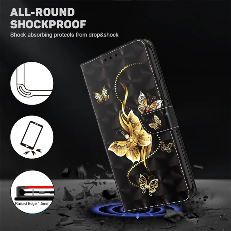 For Samsung Galaxy A25 5G (Global) (161.0 x 76.5 x 8.3mm) Pattern Printing Phone Case with Wrist Strap - Golden Butterfly