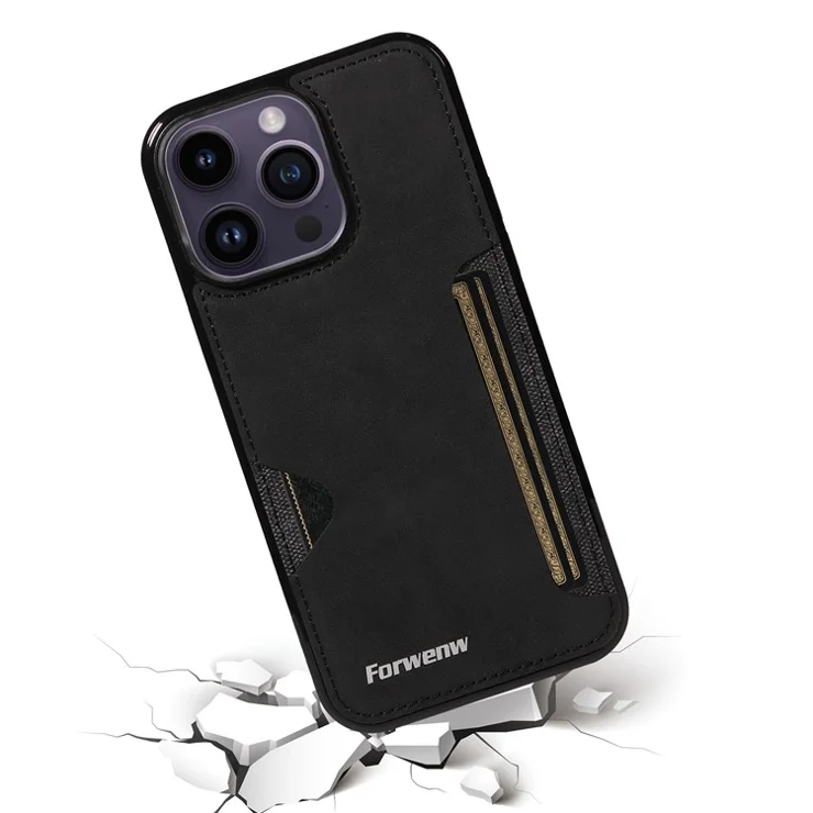 FORWENW F5 Series For iPhone 15 Pro Max Case Leather+TPU Phone Cover with Card Holder - Black