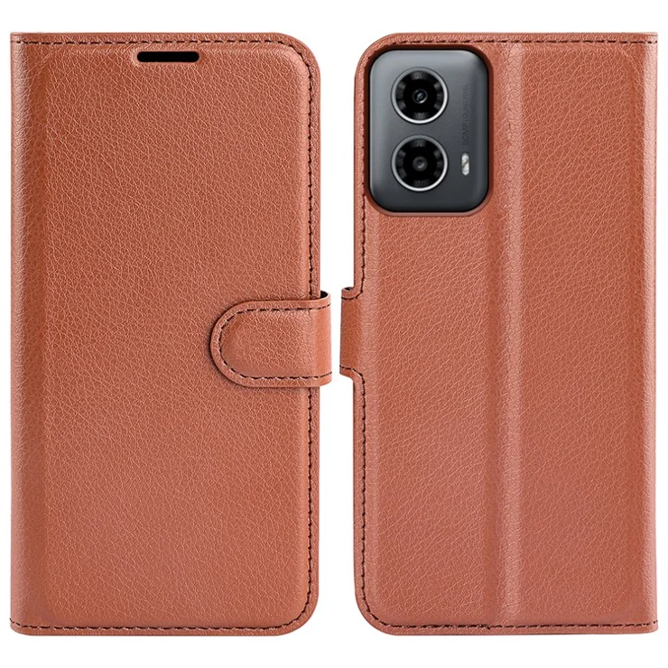 For Motorola Moto G45 5G / G34 5G Case Folio Stand View Leather Phone Cover Litchi Texture - Brown