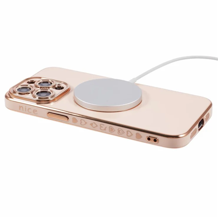 For iPhone 14 Pro Max TPU Case 6D Electroplating Love Heart Cover Compatible with MagSafe - Pink
