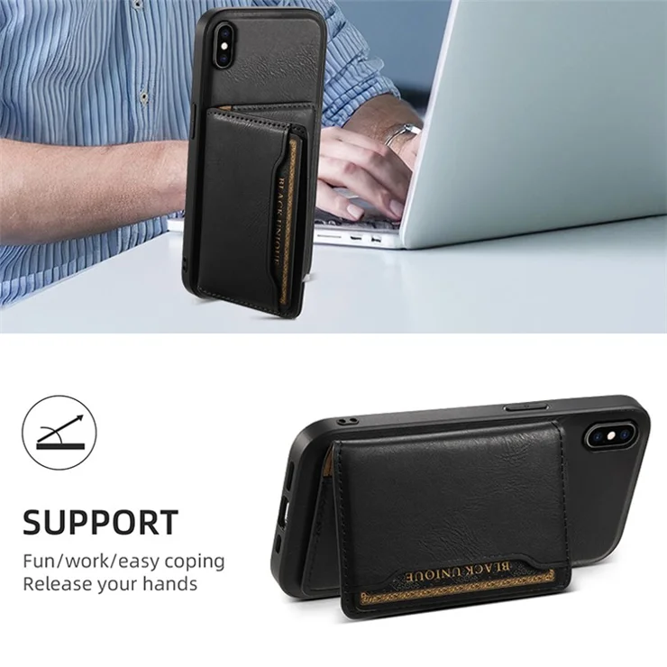 DENIOR For iPhone XS Max 6.5 inch Case Kickstand Cowhide Texture Phone Purse Cover Compatible with MagSafe - Black