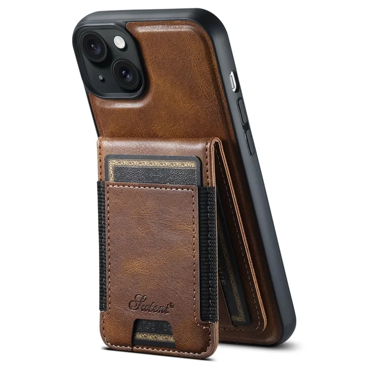 SUTENI H17 For iPhone 13 PU+TPU Case Compatible with MagSafe Card Holder Kickstand Phone Case - Brown