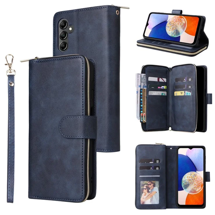 For Samsung Galaxy A15 4G / A15 5G Case Leather 9 Card Slots Phone Cover with Wrist Strap - Blue