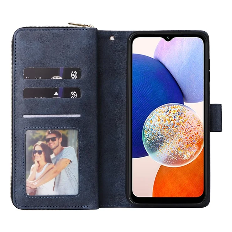 For Samsung Galaxy A15 4G / A15 5G Case Leather 9 Card Slots Phone Cover with Wrist Strap - Blue