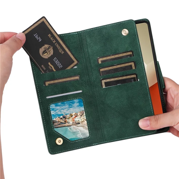 For Xiaomi Redmi Note 13 5G Leather Case Rivet Decor 9 Card Holder Slots Zipper Pocket Cover - Green