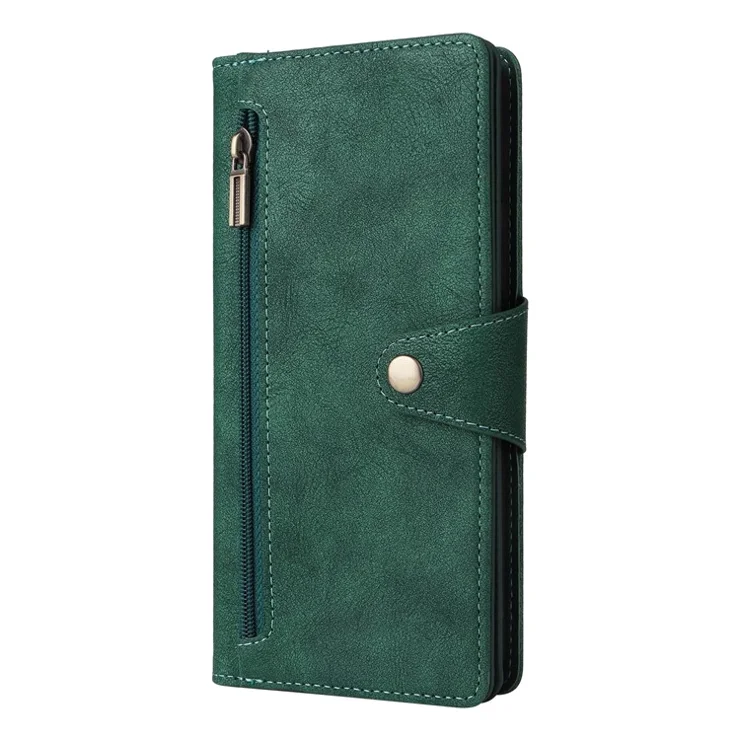 For Xiaomi Redmi Note 13 5G Leather Case Rivet Decor 9 Card Holder Slots Zipper Pocket Cover - Green