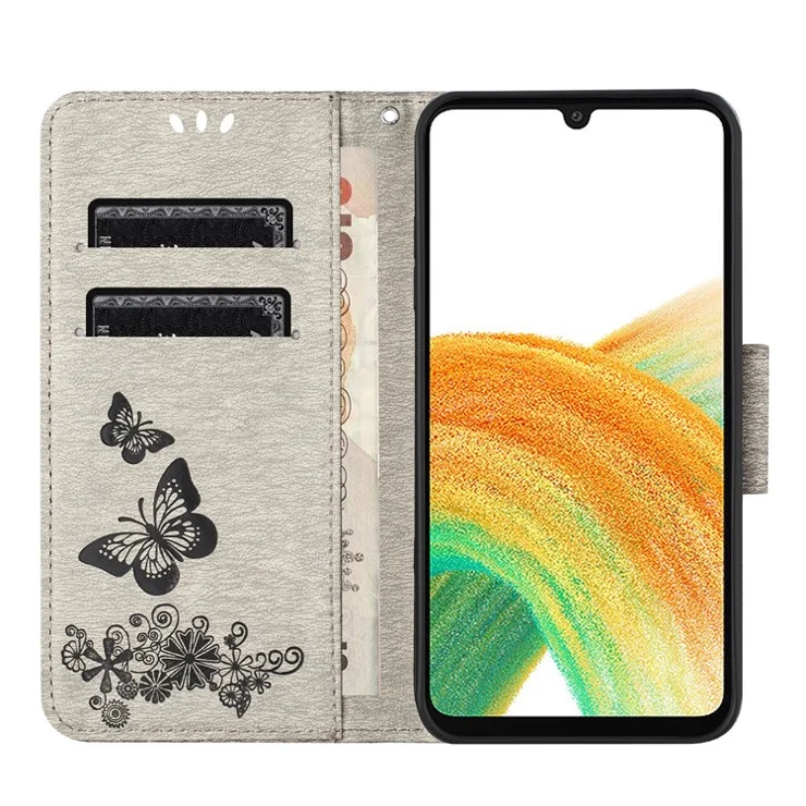 For Samsung Galaxy A15 5G Wallet Case PU Leather Butterflies Flower Phone Cover - Grey