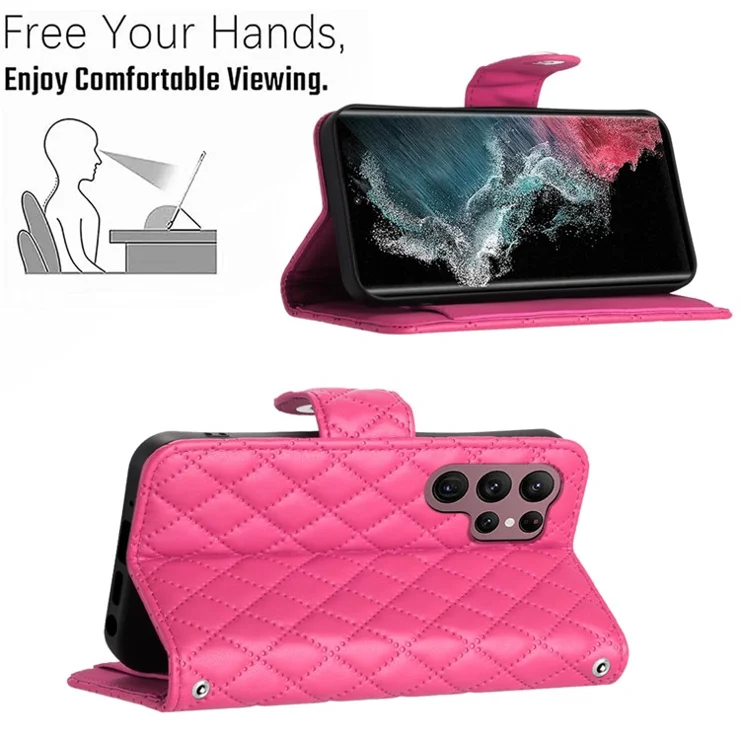 For Samsung Galaxy S22 Ultra 5G Leather Case Phone Stand Cover with 7 Card Slots and Hand Strap - Rose