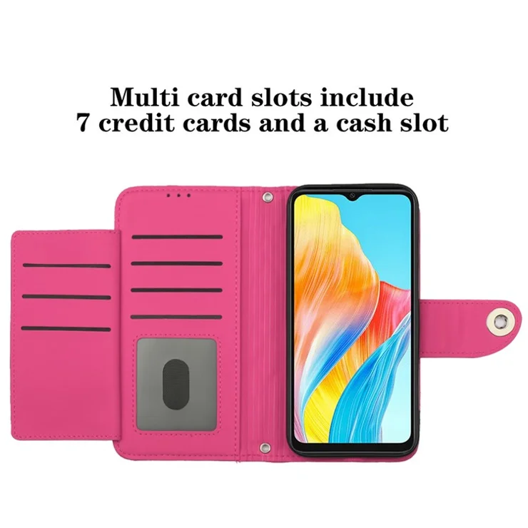 For Oppo A38 4G / A18 4G Leather Case Phone Stand Cover with 7 Card Slots and Hand Strap - Rose