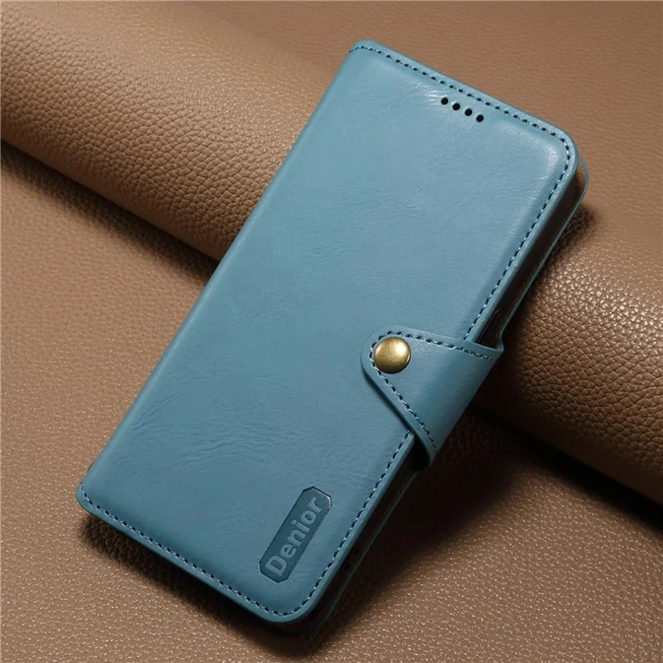 DENIOR For iPhone 15 Plus Leather Case Wallet Phone Cover Cowhide Texture - Blue