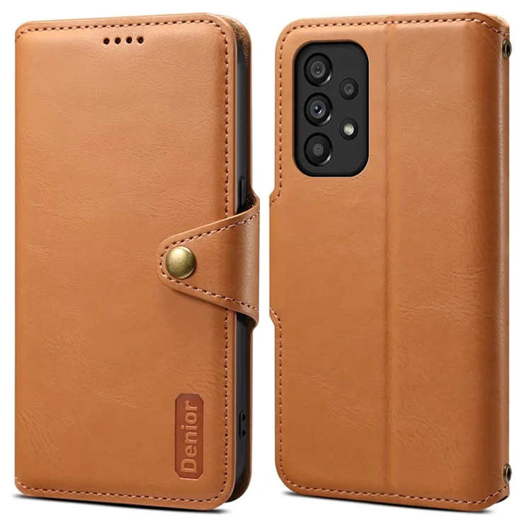 DENIOR For Samsung Galaxy A53 5G Wallet Case Cowhide Texture Phone Cover Folding Stand - Khaki