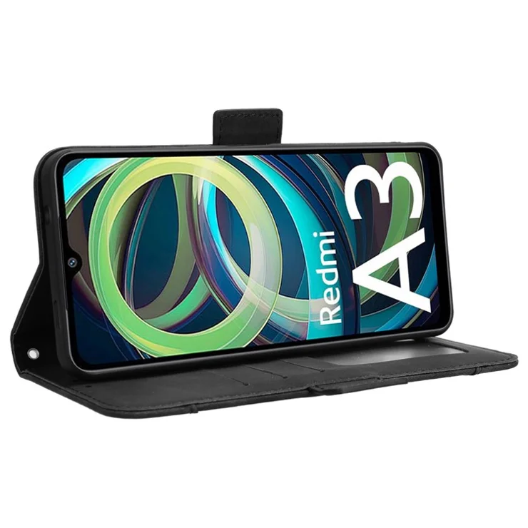 For Xiaomi Redmi A3 4G / Poco C61 4G Case with Multiple Card Holder Stand PU Leather Phone Cover - Black