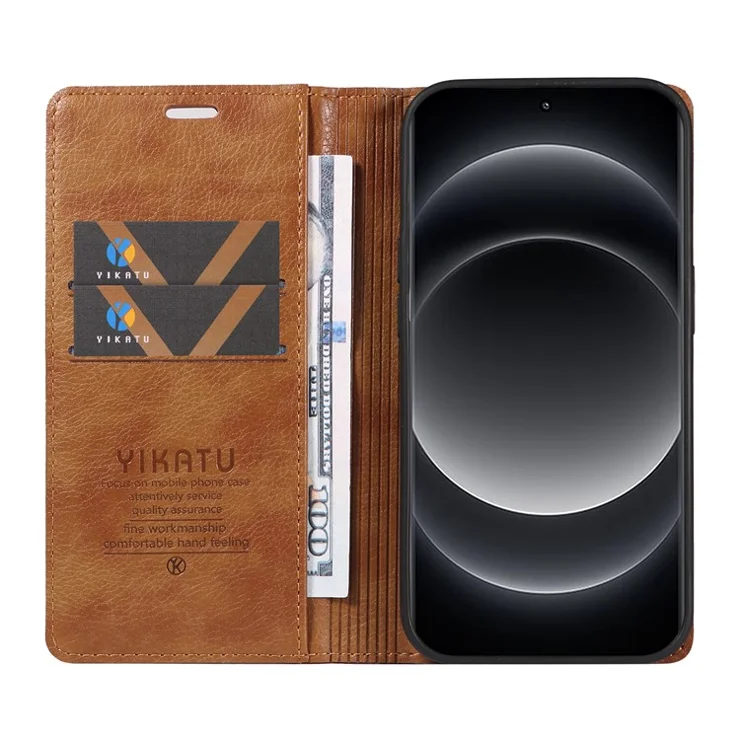 YIKATU YK-006 For Xiaomi 14 Ultra Wallet Case Magnetic Closure Leather Litchi Texture Phone Cover - Brown