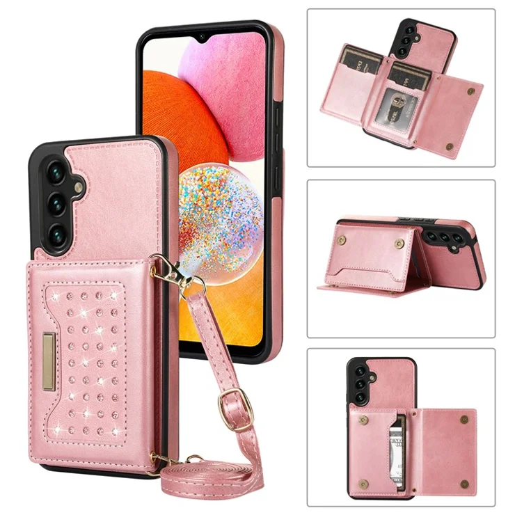 For Samsung Galaxy A14 5G / 4G Case RFID Blocking Wallet Leather Coated TPU Phone Cover - Rose Gold