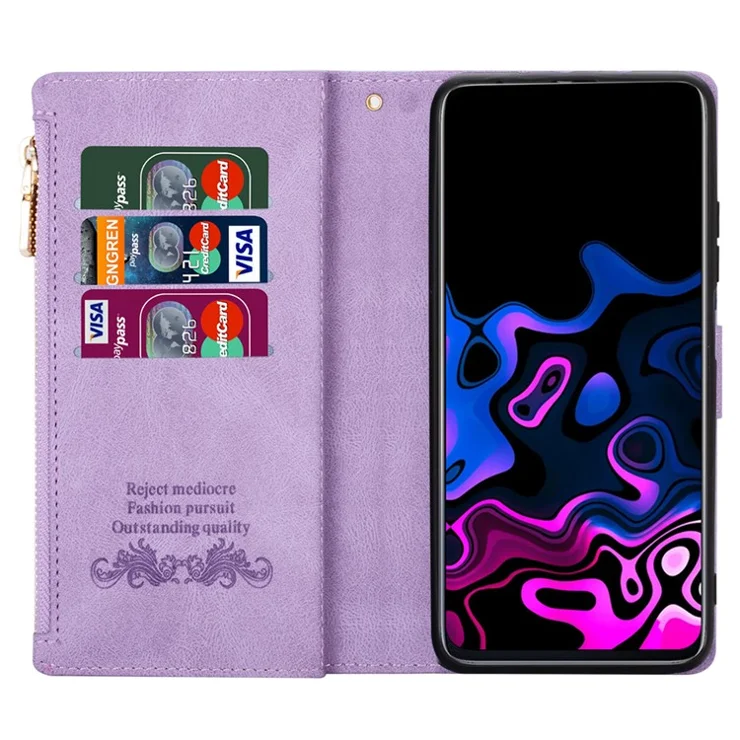 Color Splicing Case for Xiaomi Redmi Note 13 5G Phone Cover Zipper Pocket Wallet Shell - Purple