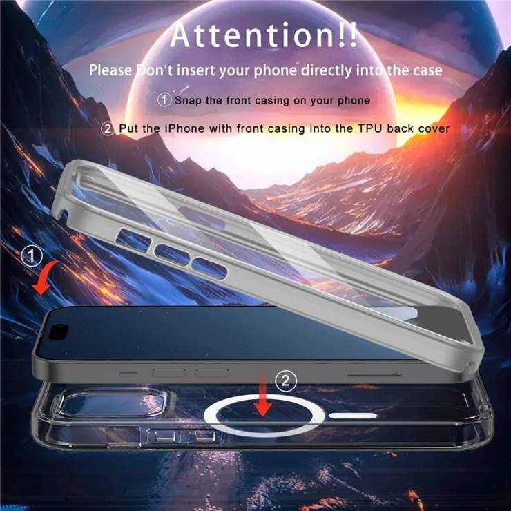 For iPhone 15 Plus Magnetic Case PC+TPU Clear Phone Cover with PET Screen Film - Grey