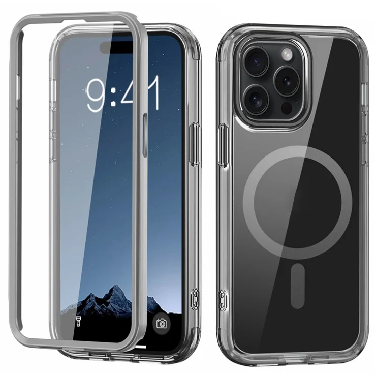 For iPhone 15 Pro Case PC+TPU Clear Phone Cover Compatible with MagSafe PET Screen Film - Grey
