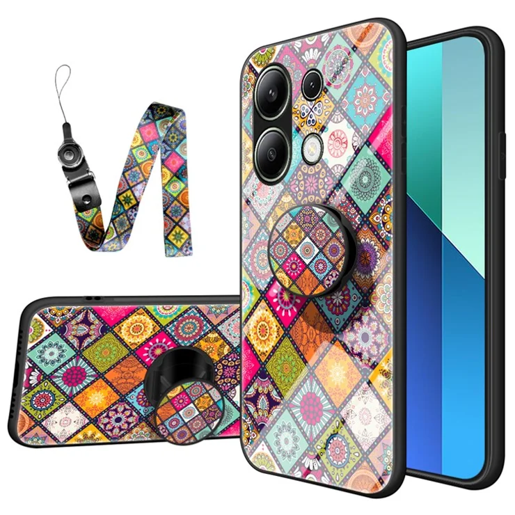 For Xiaomi Redmi Note 13 4G Case Flower Pattern Tempered Glass Back Cover with Long Lanyard - Color Pattern