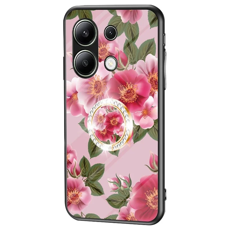 For Xiaomi Redmi Note 13 4G Case Tempered Glass Pattern Printing Phone Cover with Ring Kickstand - Glamorous Peony