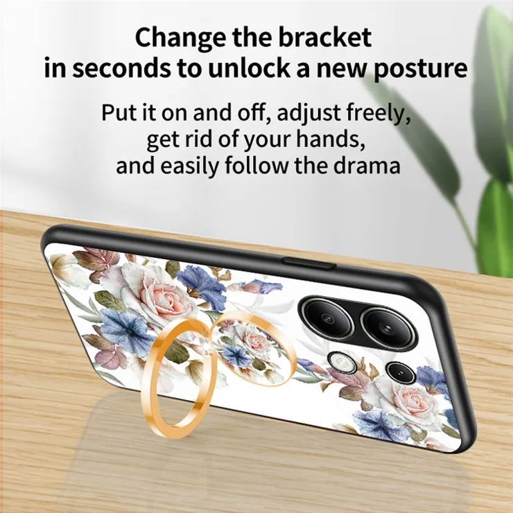 For Xiaomi Redmi Note 13 4G Case Tempered Glass Pattern Printing Phone Cover with Ring Kickstand - Glamorous Peony