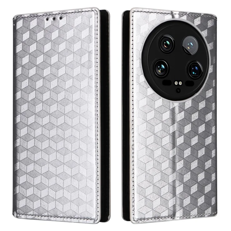 For Xiaomi 14 Ultra Leather Case Rhombus Imprinted Flip Stand Phone Protector - Silver