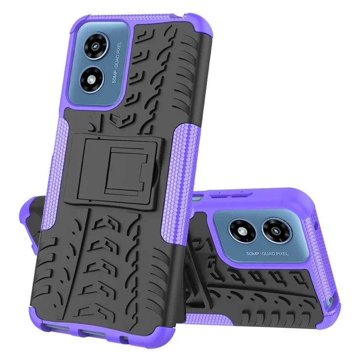 For Motorola Moto G Play (2024) 4G Case Kickstand PC+TPU Tyre Pattern Non-slip Phone Cover - Purple