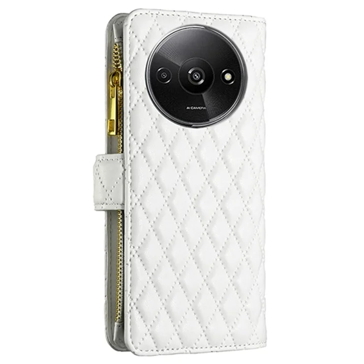 BINFEN COLOR BF Style-15 For Xiaomi Redmi A3 4G / Poco C61 4G Case Zipper Flip Shockproof Leather Phone Cover - White
