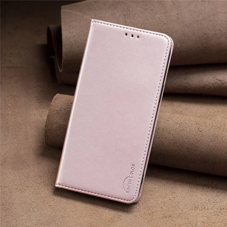 BINFEN COLOR BF18 For Xiaomi Redmi A3 4G / Poco C61 4G Case PU Leather Magnetic Closure Flip Phone Cover - Rose Gold