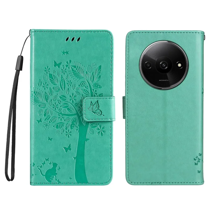 For Xiaomi Redmi A3 / Poco C61 4G Phone Case with Stand Cat Tree Pattern Leather Wallet Mobile Cover - Green