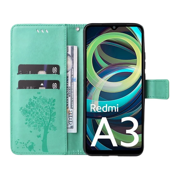 For Xiaomi Redmi A3 / Poco C61 4G Phone Case with Stand Cat Tree Pattern Leather Wallet Mobile Cover - Green