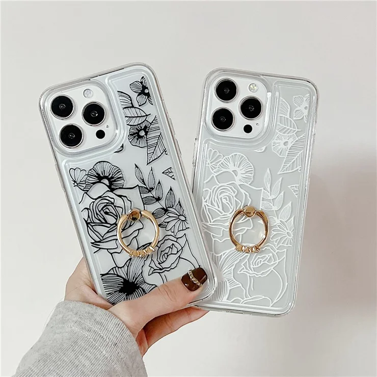 For iPhone 15 Pro Max Phone Case with Ring Holder Flower Pattern TPU Phone Cover - Black Rose