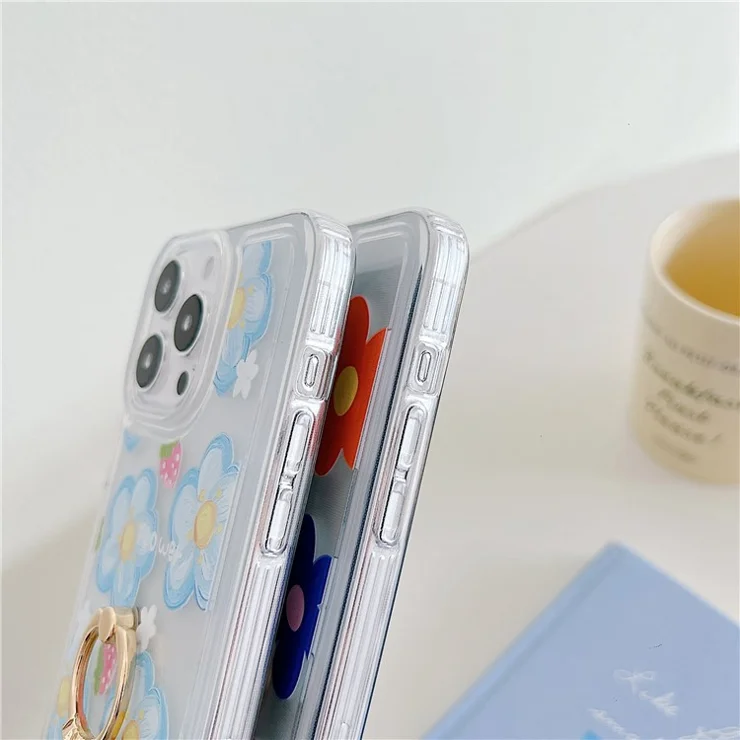 For iPhone 15 Pro Max Phone Case with Ring Holder Flower Pattern TPU Phone Cover - Colorful Flowers