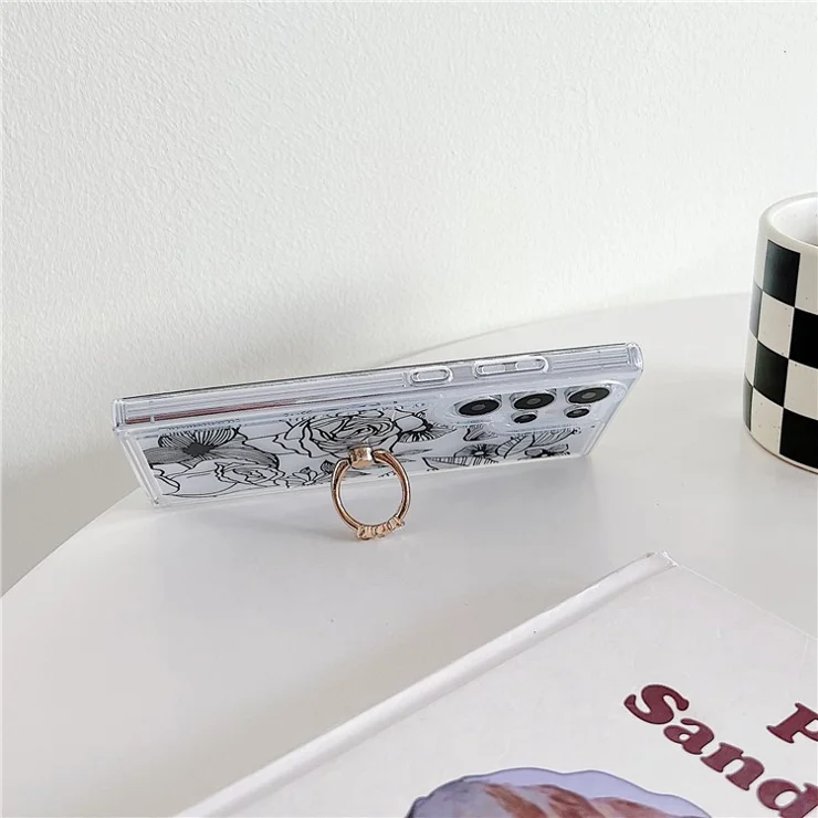 For Samsung Galaxy S24 Ultra Case Airbag TPU Kickstand Phone Cover Floral Stylish Aesthetic - White Flower